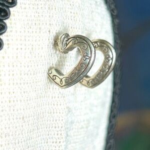 Brighton Half Heart Hoops Earrings Silver Plated Etched No Backs 1/2" Vintage